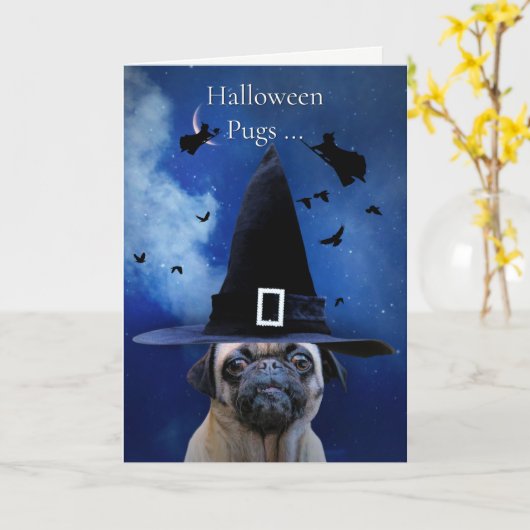 Pug Halloween Cute met heks en Kisses Kaart (Gele Bloem)