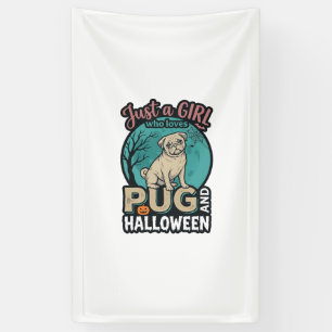 Pug Halloween Meisje Vintage Vector Design_1 Spandoek