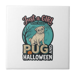 Pug Halloween Meisje Vintage Vector Design_1 Tegeltje