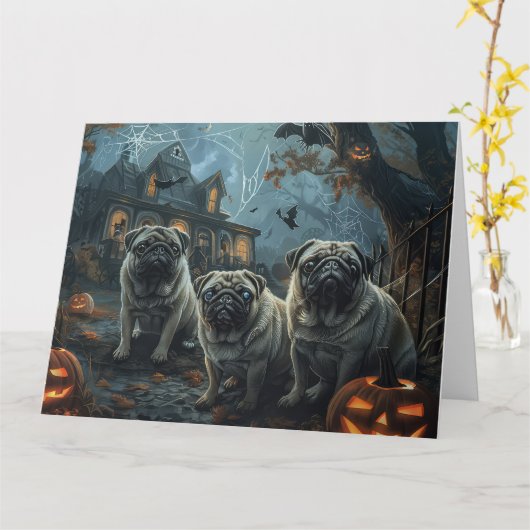 Pug Halloween Nacht Doggy Delight Kaart (Gele Bloem)
