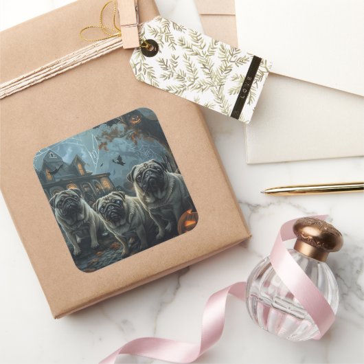 Pug Halloween Nacht Doggy Delight Vierkante Sticker (Geschenken)