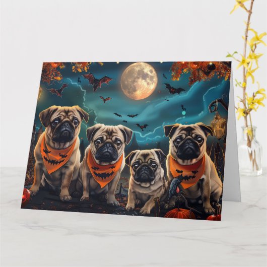 Pug Halloween Spooky Kaart (Gele Bloem)