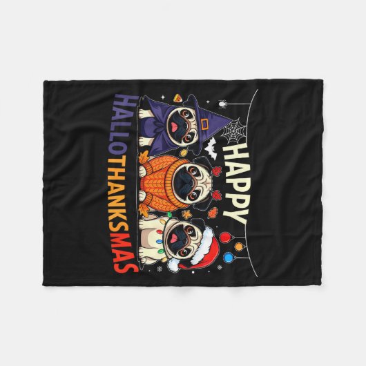Pug Halloween Thanksgiving Christmas Happy Halloth Fleece Deken (Voorkant (Horizontaal))