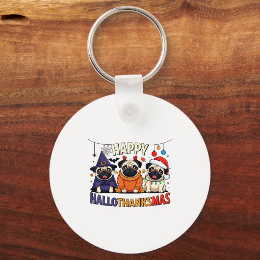 Pug Halloween Thanksgiving Christmas Happy Halloth Sleutelhanger (Voorkant)