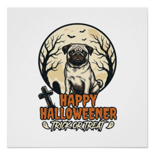 Pug Halloween Trick or Treat Vintage Gravure Ontwe Perfect Poster