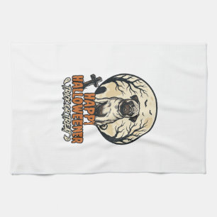 Pug Halloween Trick or Treat Vintage Gravure Ontwe Theedoek