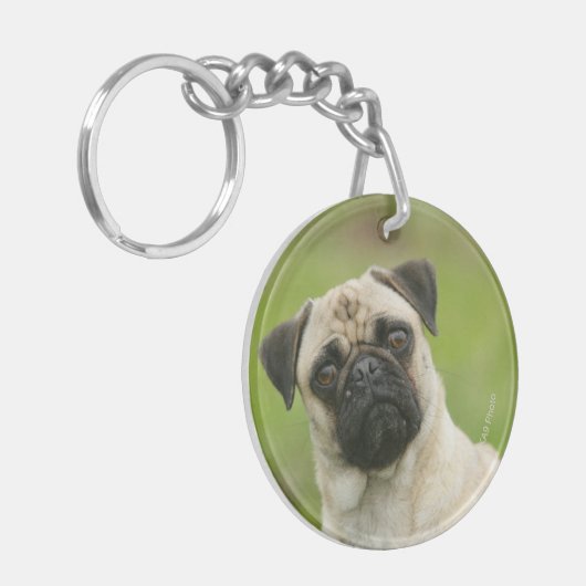 Pug Head die naar camera kijkt Sleutelhanger (Voorkant Links)