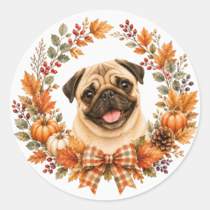 Pug Herfstkrans Ronde Sticker