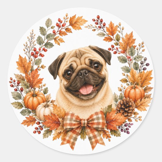 Pug Herfstkrans Ronde Sticker (Voorkant)