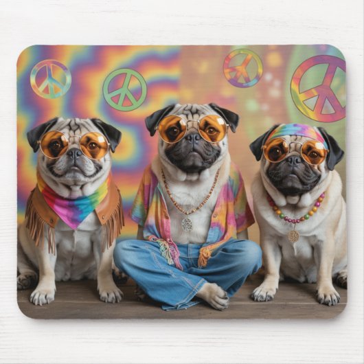 Pug Hippie Mousepad Muismat (Voorkant)