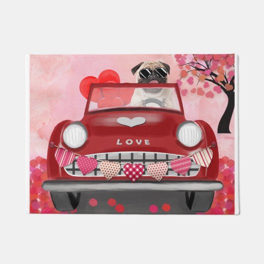 Pug Hond Auto met Hartjes Valentijnsdag Deurmat (Voorkant)