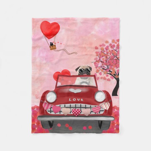Pug Hond Auto met Hartjes Valentijnsdag Fleece Deken (Voorkant)