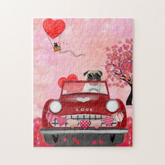 Pug Hond Auto met Hartjes Valentijnsdag   Legpuzzel (Verticaal)