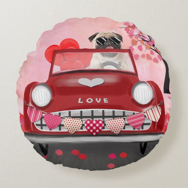Pug Hond Auto met Hartjes Valentijnsdag  Rond Kussen (Voorkant)