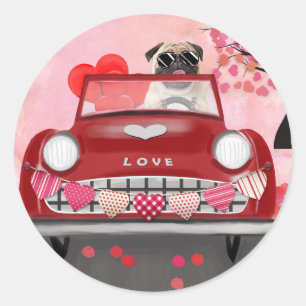Pug Hond Auto met Hartjes Valentijnsdag Ronde Sticker