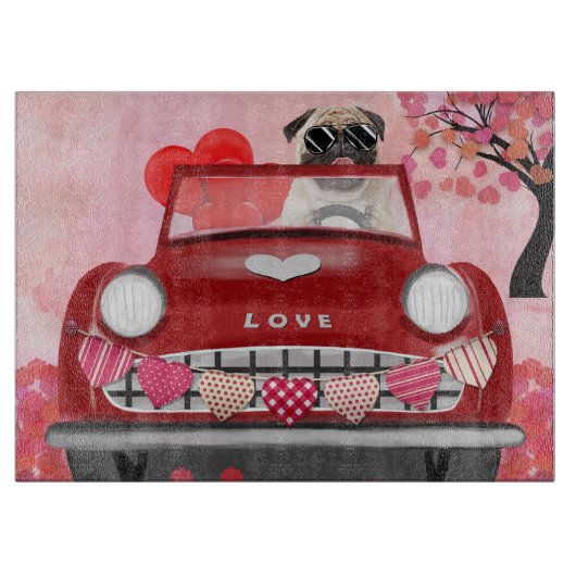 Pug Hond Auto met Hartjes Valentijnsdag Snijplank (Voorkant)
