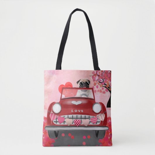 Pug Hond Auto met Hartjes Valentijnsdag Tote Bag (Voorkant)