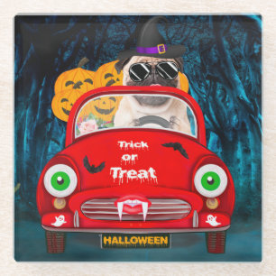 Pug Hond Bestuurt Auto Griezelen Halloween Glazen Onderzetter