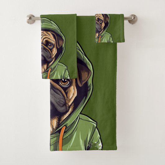 Pug Hond Dragen Groene Hoodie Bad Handdoek (Insitu)