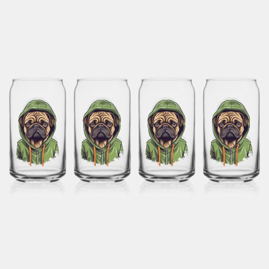Pug Hond Dragen Groene Hoodie Blikvorm Glas (Voorkant)