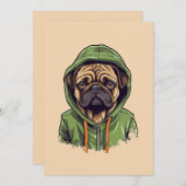 Pug Hond Dragen Groene Hoodie Feestdagenkaart (Voorkant / Achterkant)