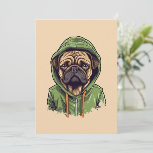 Pug Hond Dragen Groene Hoodie Feestdagenkaart (Staand voorkant)
