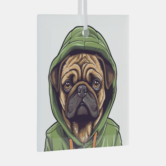 Pug Hond Dragen Groene Hoodie Glas Ornament (Voorkant Rechts)