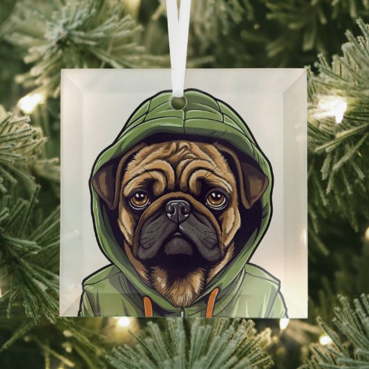 Pug Hond Dragen Groene Hoodie Glas Ornament (Insitu)