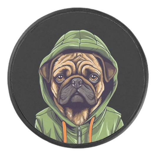 Pug Hond Dragen Groene Hoodie Hockey Puck (Voorkant)