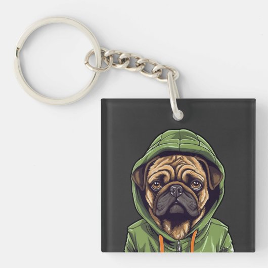Pug Hond Dragen Groene Hoodie Sleutelhanger (voorkant)