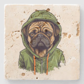 Pug Hond Dragen Groene Hoodie Stenen Onderzetter (Voorkant)