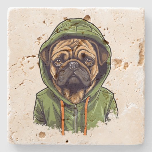 Pug Hond Dragen Groene Hoodie Stenen Onderzetter (Voorkant)