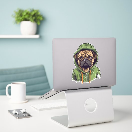 Pug Hond Dragen Groene Hoodie Sticker (Laptop op bureau)