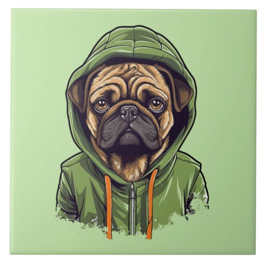 Pug Hond Dragen Groene Hoodie Tegeltje (Voorkant)