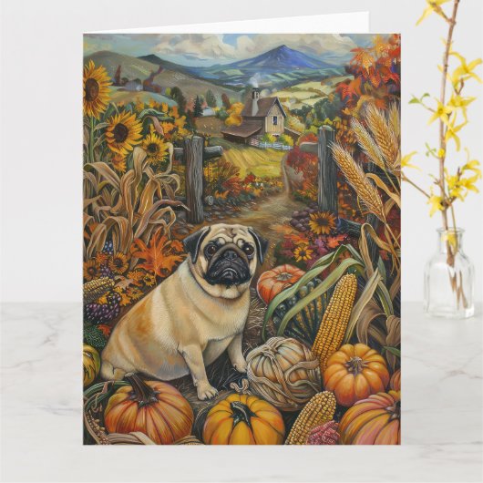 Pug Hond Herfst Oogst Thanksgiving Kaart (Gele Bloem)