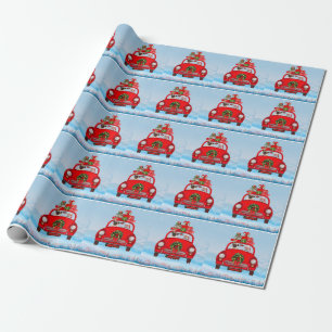 Pug-hond in auto met kerstman  cadeaupapier