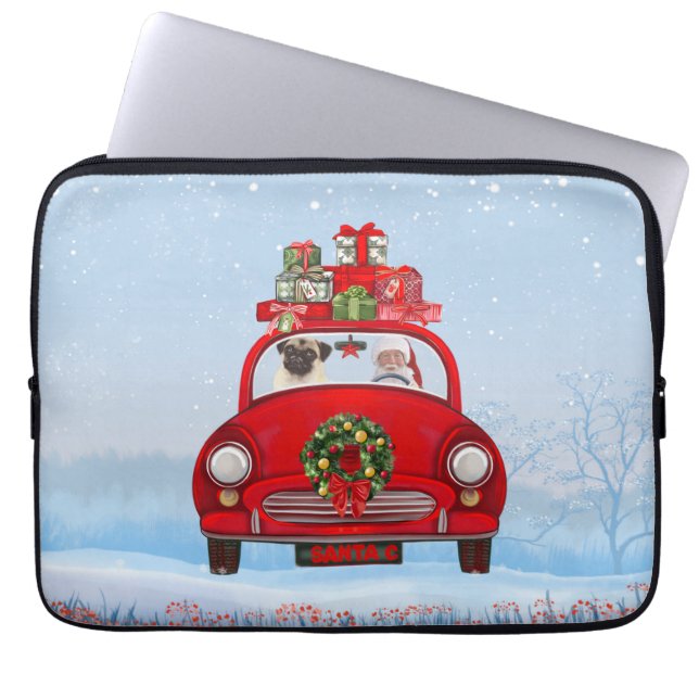 Pug-hond in auto met kerstman laptop sleeve (Voorkant)