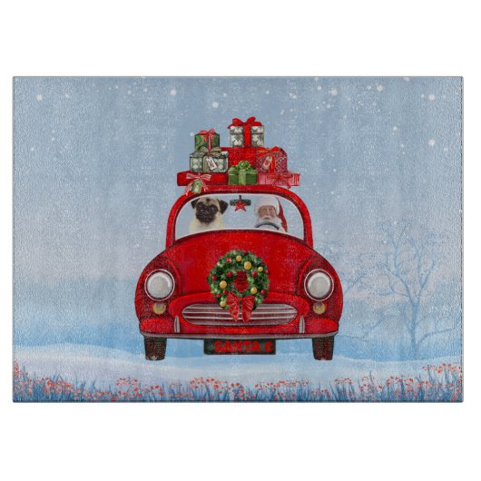 Pug Hond In Auto Met Kerstman Snijplank (Voorkant)