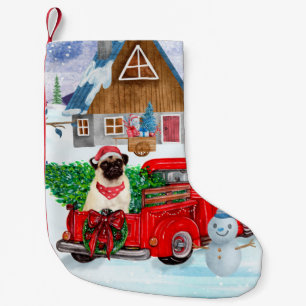 Pug-hond in kerstbezorgtruck sneeuw kleine kerstsok