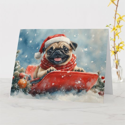 Pug Hond in slee Let it Snow Kerstmis Kaart (Gele Bloem)