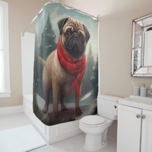 Pug-hond in sneeuw Kerstmis Douchegordijn