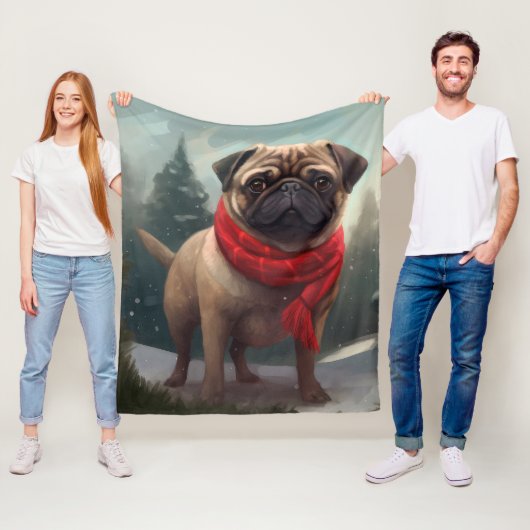 Pug Hond in Sneeuw Kerstmis Fleece Deken (In situ)