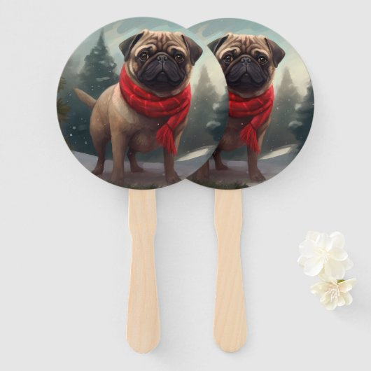 Pug Hond in Sneeuw Kerstmis Handwaaier (Voorkant en achterkant)