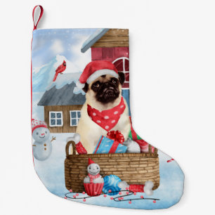 Pug hond in sneeuw Kerstmis hondenhok Kleine Kerstsok