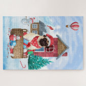 Pug Hond In sneeuw Kerstmis Hondenhok Legpuzzel (Horizontaal)