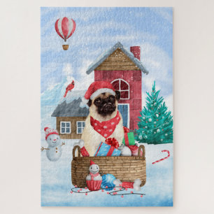 Pug Hond In sneeuw Kerstmis Hondenhok Legpuzzel