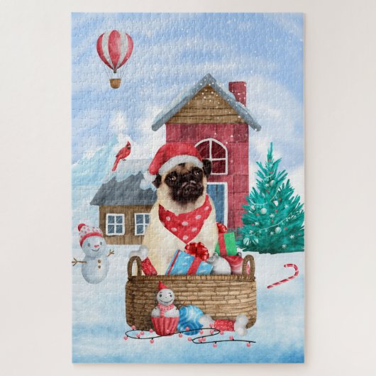 Pug Hond In sneeuw Kerstmis Hondenhok Legpuzzel (Verticaal)