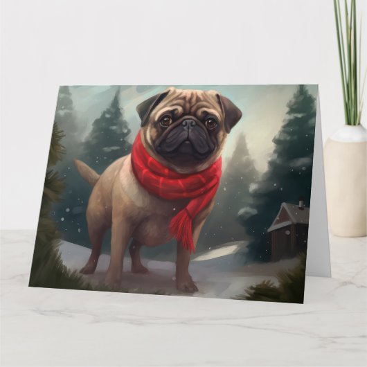 Pug Hond in Sneeuw Kerstmis Kaart (Voorkant)