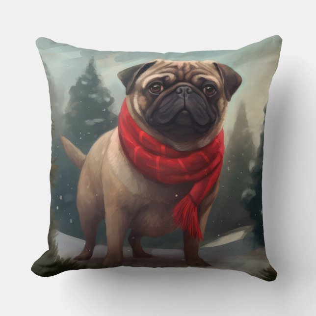 Pug Hond in Sneeuw Kerstmis Kussen (Voorkant)