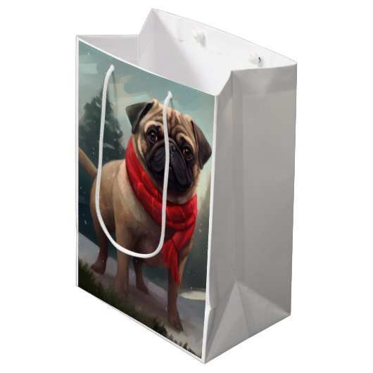Pug Hond in Sneeuw Kerstmis Medium Cadeauzakje (Voorkant Gekanteld)